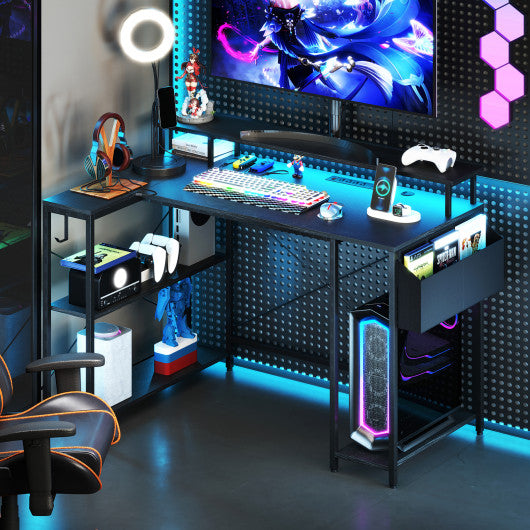 L-Shaped Gaming Desk with LED Lights and Power Outlets-Black
