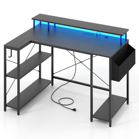L-Shaped Gaming Desk with LED Lights and Power Outlets-Black