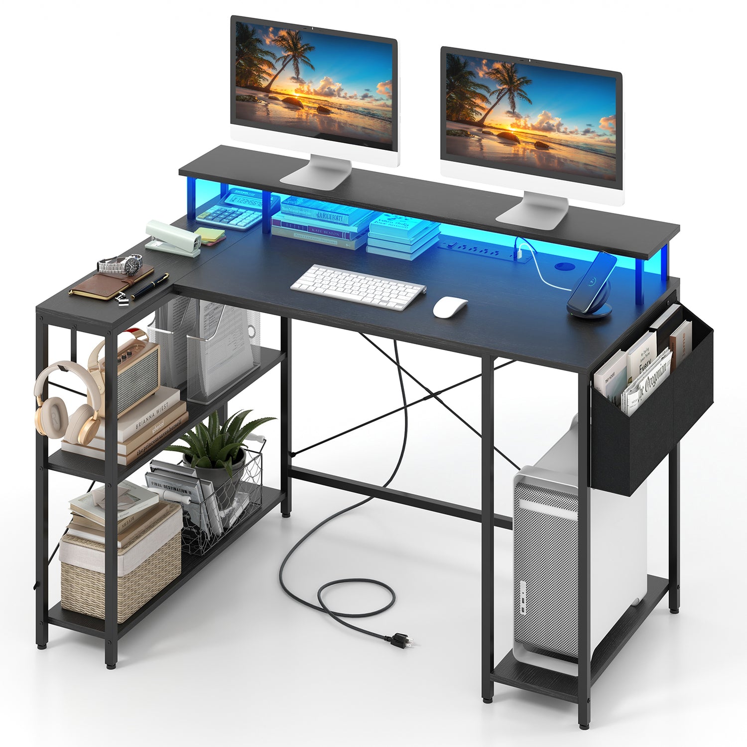 L-Shaped Gaming Desk with LED Lights and Power Outlets-Black
