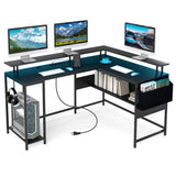 L-Shaped Gaming Desk with LED Lights and Power Outlets Home Office Computer Desk-Black