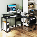 L-Shaped Gaming Desk with LED Lights and Power Outlets Home Office Computer Desk-Black