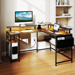 L-Shaped Gaming Desk with LED Lights and Power Outlets Home Office Computer Desk-Rustic Brown