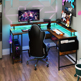 L-Shaped Gaming Desk with LED Lights and Power Outlets Home Office Computer Desk-Rustic Brown