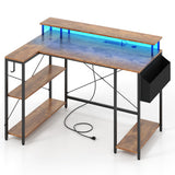 L-Shaped Gaming Desk with LED Lights and Power Outlets-Rustic Brown
