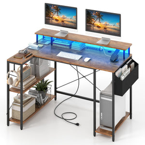 L-Shaped Gaming Desk with LED Lights and Power Outlets-Rustic Brown