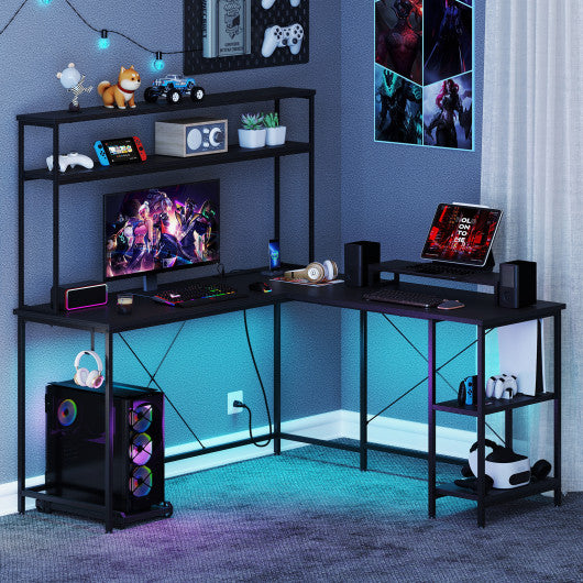 L-Shaped Reversible Gaming Desk with LED Strip and Power Outlets Hutch Monitor Stand-Black