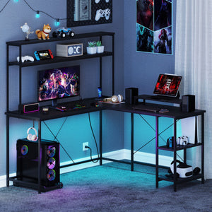 L-Shaped Reversible Gaming Desk with LED Strip and Power Outlets Hutch Monitor Stand-Black