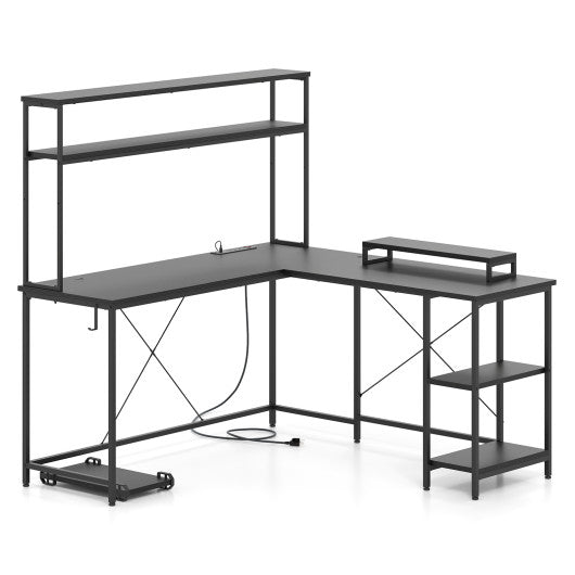 L-Shaped Reversible Gaming Desk with LED Strip and Power Outlets Hutch Monitor Stand-Black