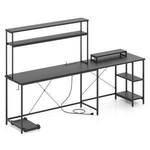 L-Shaped Reversible Gaming Desk with LED Strip and Power Outlets Hutch Monitor Stand-Black