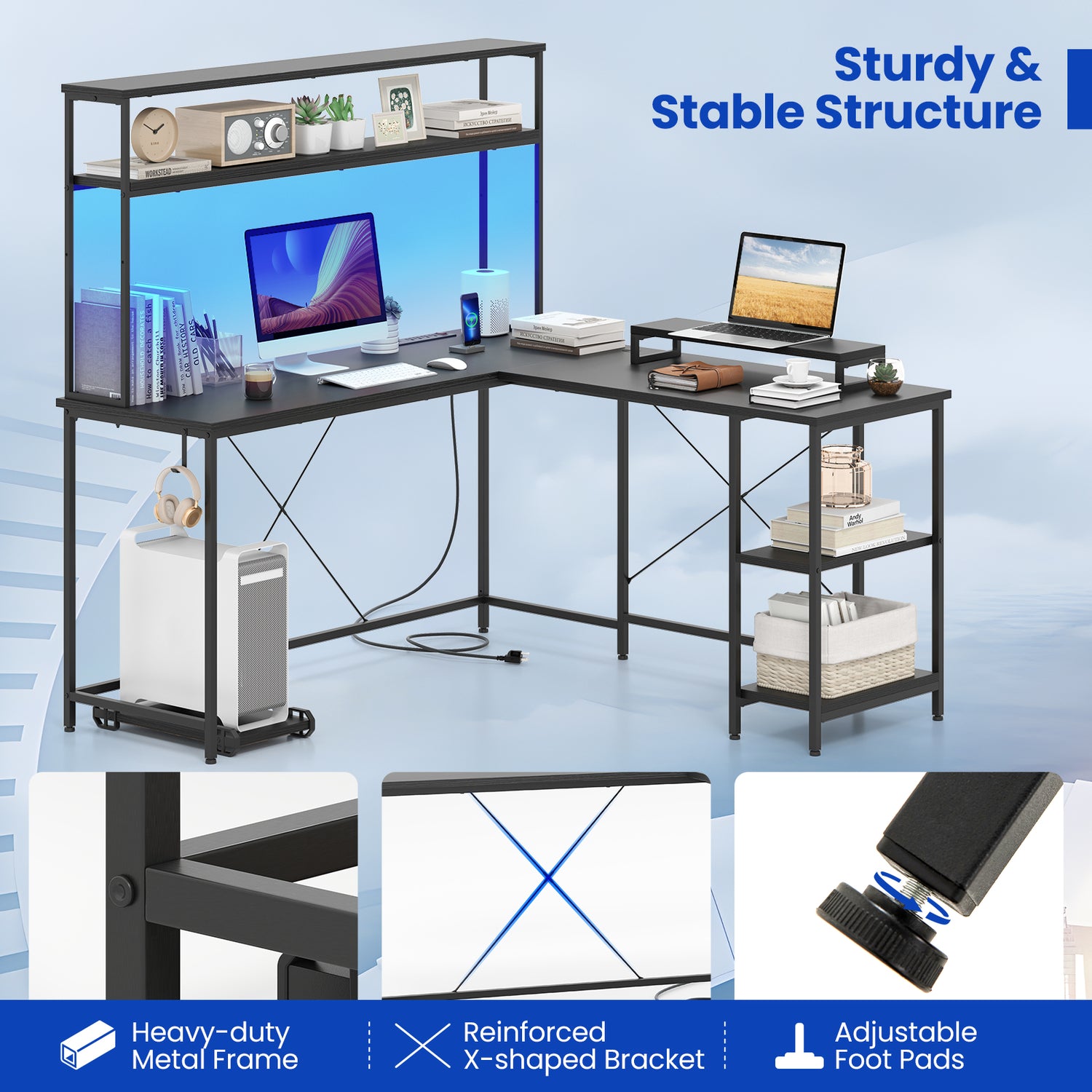 L-Shaped Reversible Gaming Desk with LED Strip and Power Outlets Hutch Monitor Stand-Black