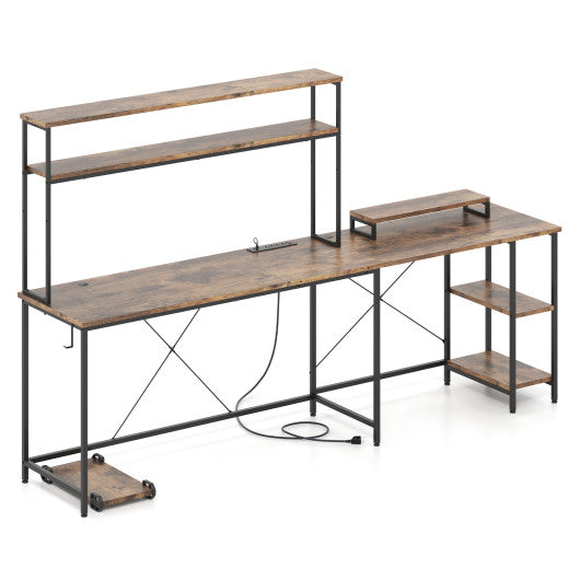 L-Shaped Reversible Gaming Desk with LED Strip and Power Outlets Hutch Monitor Stand-Rustic Brown