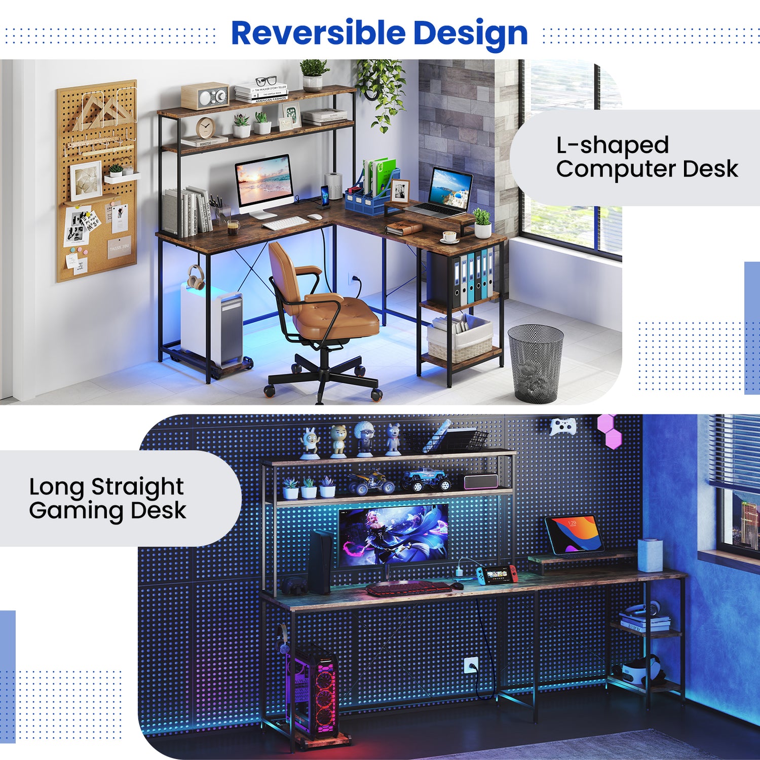 L-Shaped Reversible Gaming Desk with LED Strip and Power Outlets Hutch Monitor Stand-Rustic Brown