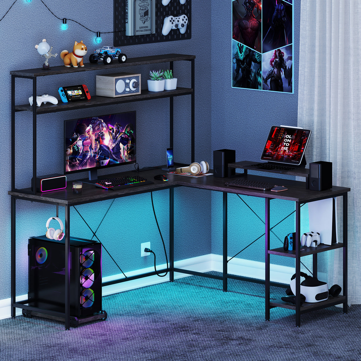 L-Shaped Reversible Gaming Desk with LED Strip and Power Outlets Hutch Monitor Stand-Gray