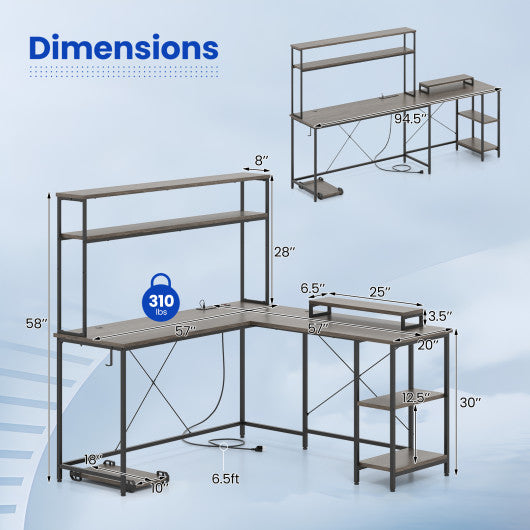 L-Shaped Reversible Gaming Desk with LED Strip and Power Outlets Hutch Monitor Stand-Gray
