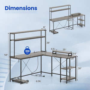 L-Shaped Reversible Gaming Desk with LED Strip and Power Outlets Hutch Monitor Stand-Gray