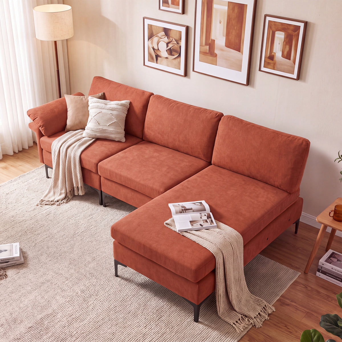 L-Shaped Sectional Sofa Convertible 4-Seater Modular Couch with 2 3-Hole Outlets and 4 USB Ports-Red