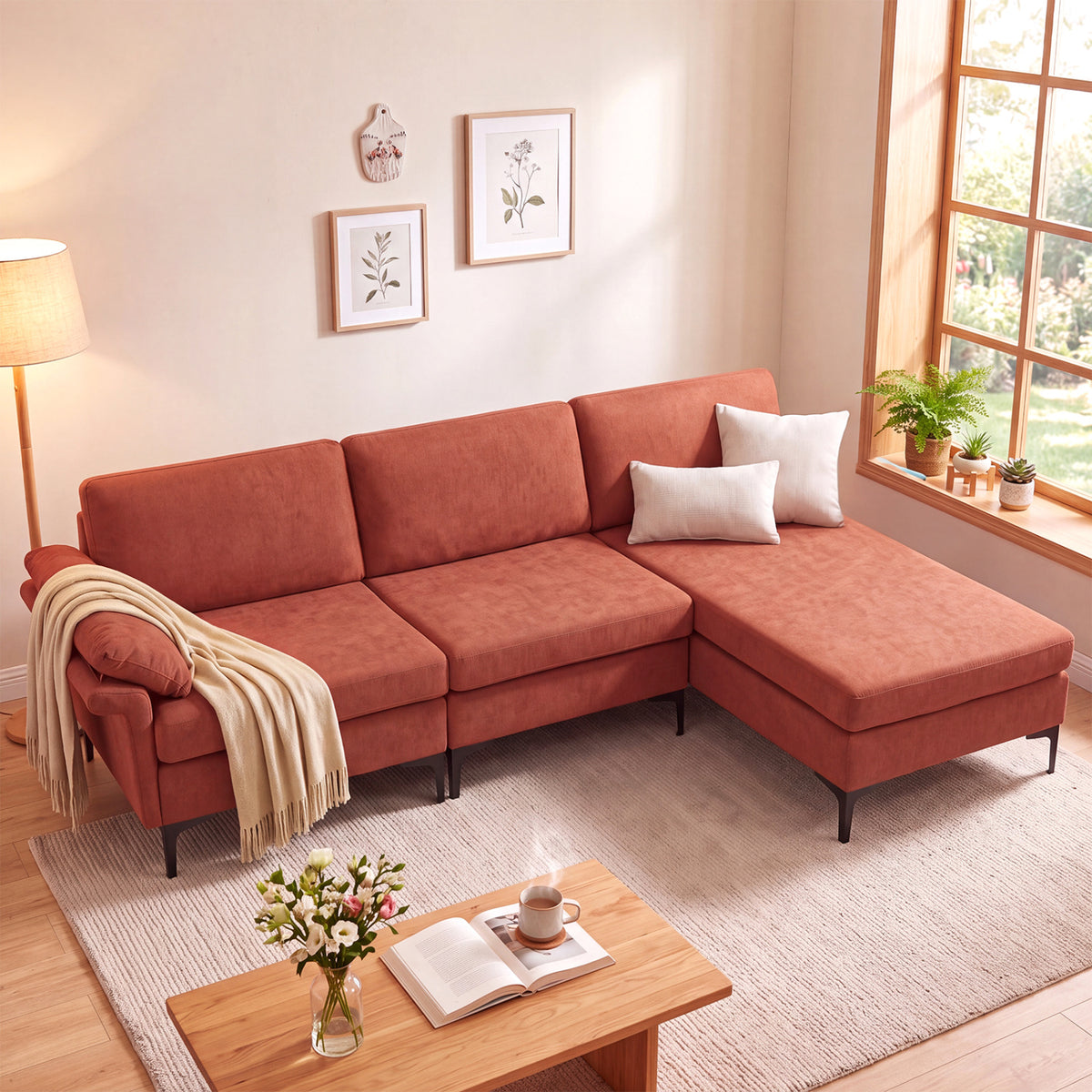 L-Shaped Sectional Sofa Convertible 4-Seater Modular Couch with 2 3-Hole Outlets and 4 USB Ports-Red