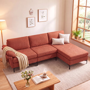 L-Shaped Sectional Sofa Convertible 4-Seater Modular Couch with 2 3-Hole Outlets and 4 USB Ports-Red
