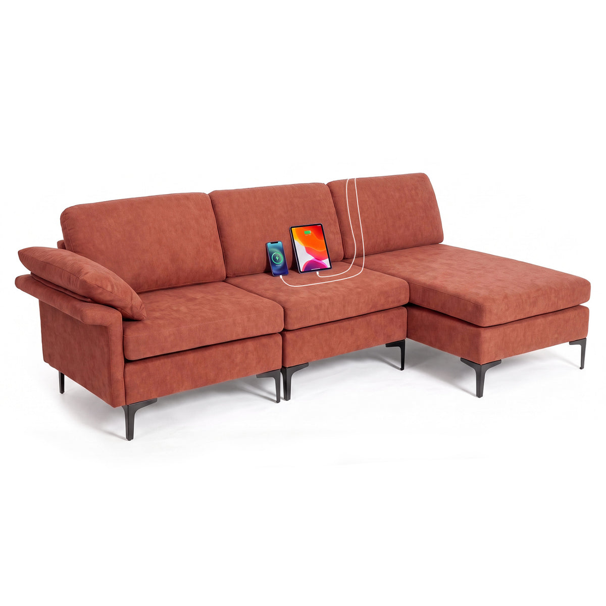 L-Shaped Sectional Sofa Convertible 4-Seater Modular Couch with 2 3-Hole Outlets and 4 USB Ports-Red