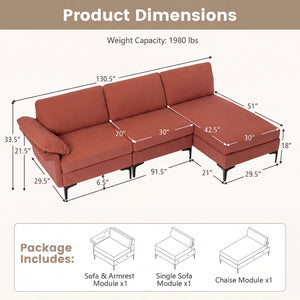 L-Shaped Sectional Sofa Convertible 4-Seater Modular Couch with 2 3-Hole Outlets and 4 USB Ports-Red