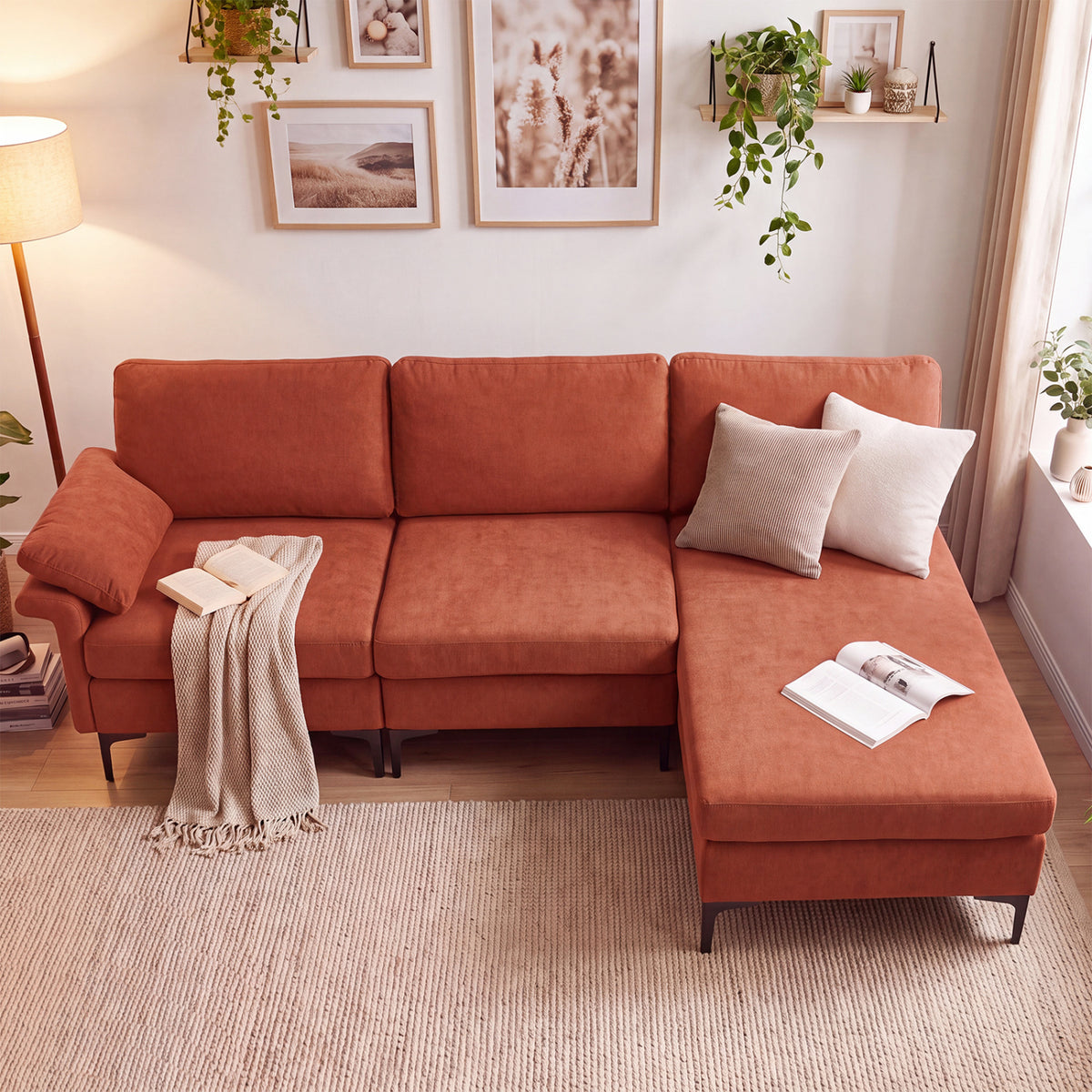 L-Shaped Sectional Sofa Convertible 4-Seater Modular Couch with 2 3-Hole Outlets and 4 USB Ports-Red