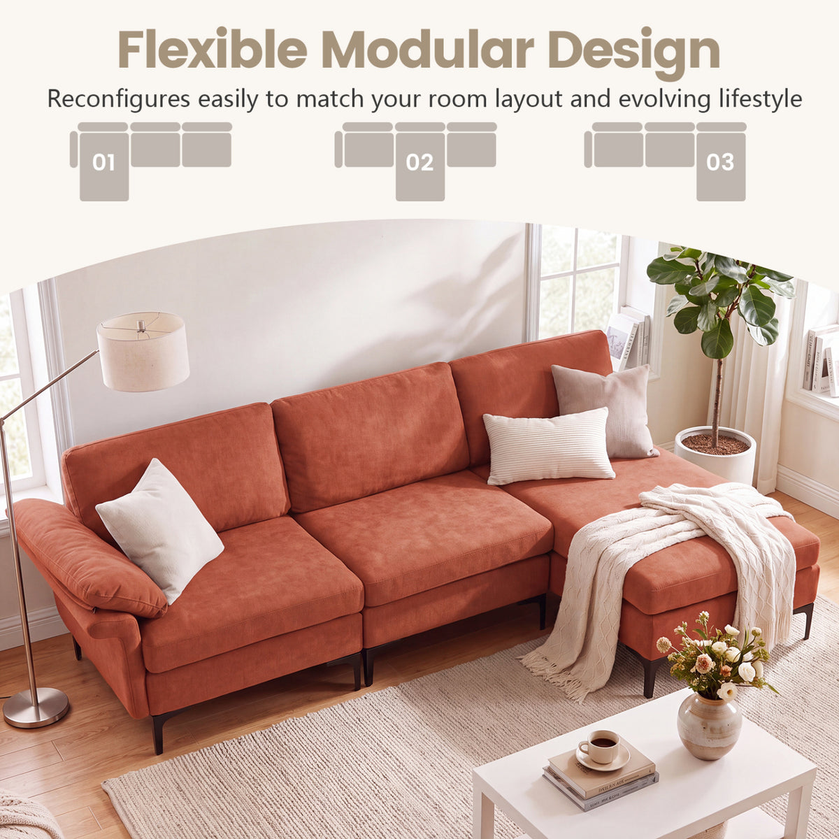 L-Shaped Sectional Sofa Convertible 4-Seater Modular Couch with 2 3-Hole Outlets and 4 USB Ports-Red