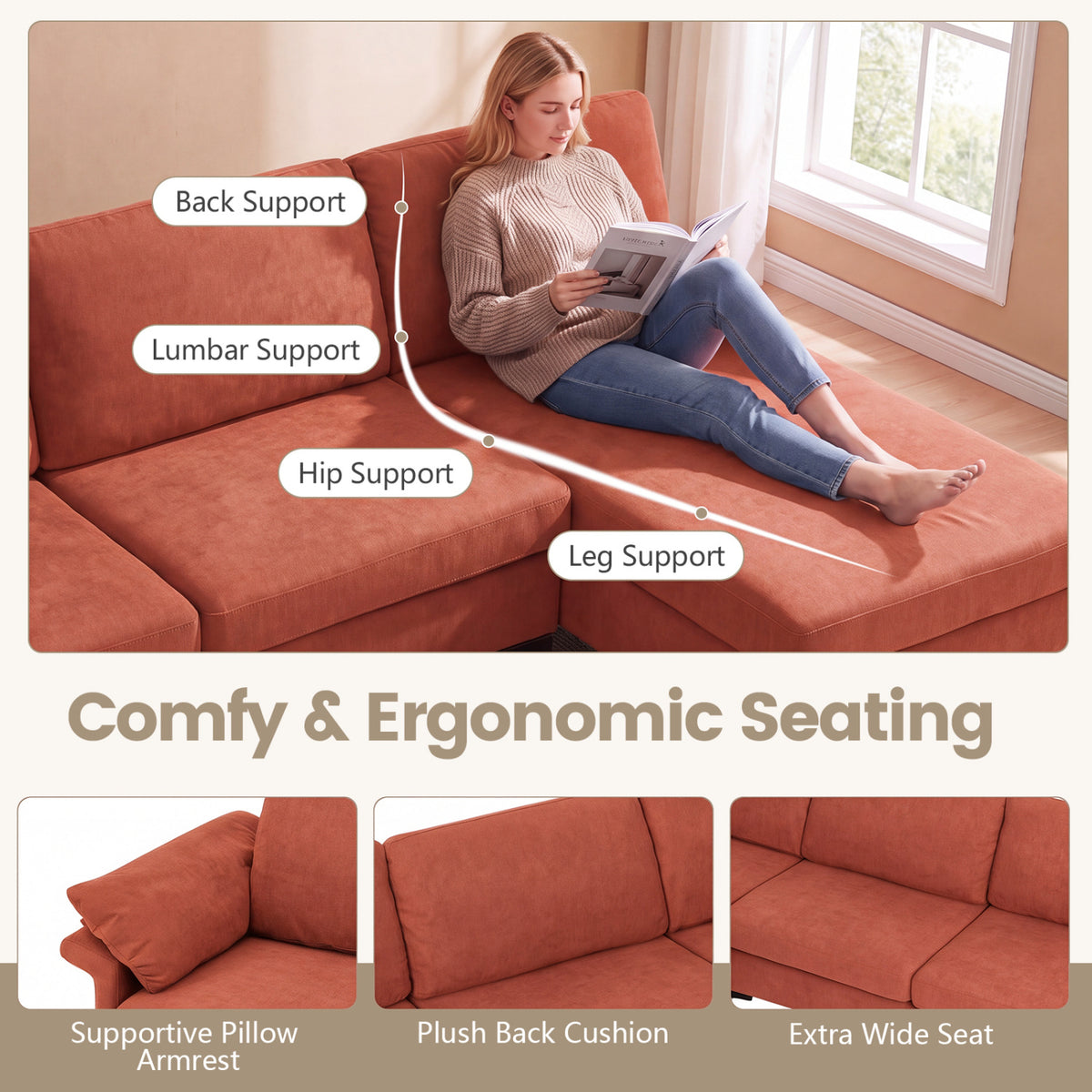 L-Shaped Sectional Sofa Convertible 4-Seater Modular Couch with 2 3-Hole Outlets and 4 USB Ports-Red