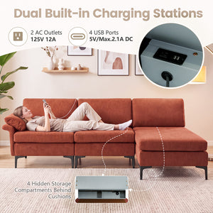 L-Shaped Sectional Sofa Convertible 4-Seater Modular Couch with 2 3-Hole Outlets and 4 USB Ports-Red