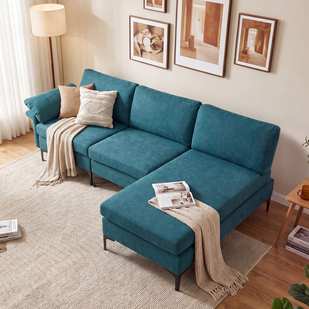 L-Shaped Sectional Sofa Convertible 4-Seater Modular Couch with 2 3-Hole Outlets and 4 USB Ports-Turquoise