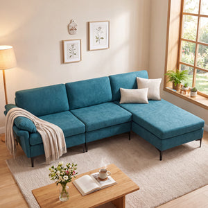 L-Shaped Sectional Sofa Convertible 4-Seater Modular Couch with 2 3-Hole Outlets and 4 USB Ports-Turquoise
