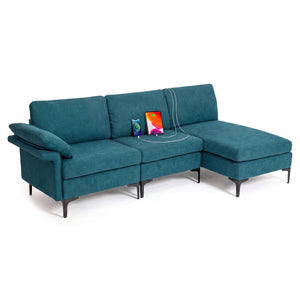 L-Shaped Sectional Sofa Convertible 4-Seater Modular Couch with 2 3-Hole Outlets and 4 USB Ports-Turquoise
