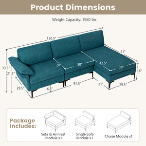 L-Shaped Sectional Sofa Convertible 4-Seater Modular Couch with 2 3-Hole Outlets and 4 USB Ports-Turquoise