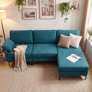 L-Shaped Sectional Sofa Convertible 4-Seater Modular Couch with 2 3-Hole Outlets and 4 USB Ports-Turquoise