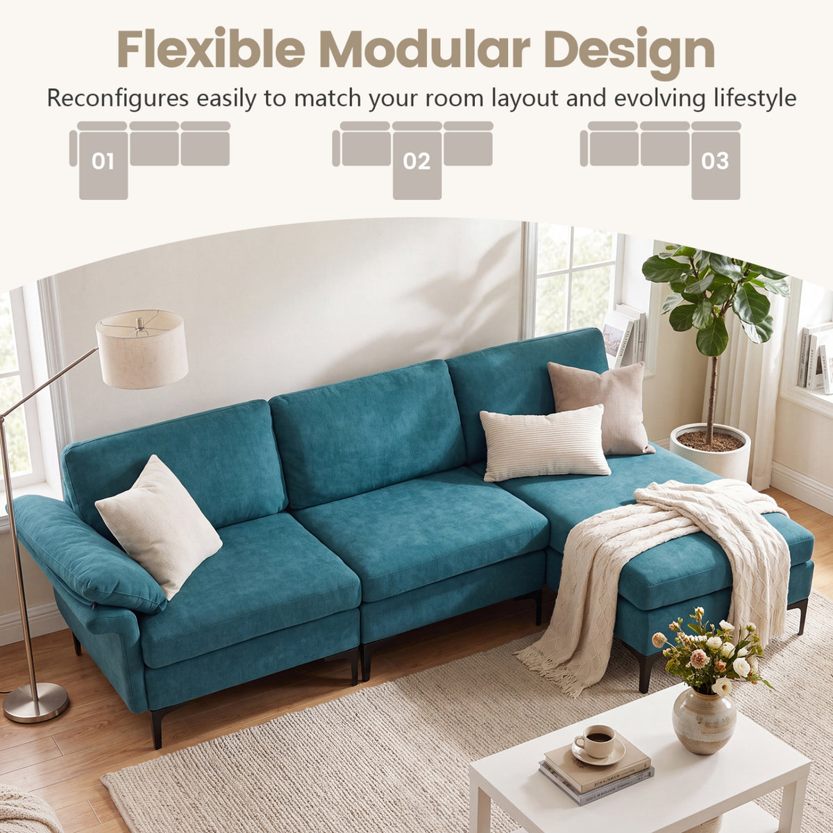 L-Shaped Sectional Sofa Convertible 4-Seater Modular Couch with 2 3-Hole Outlets and 4 USB Ports-Turquoise