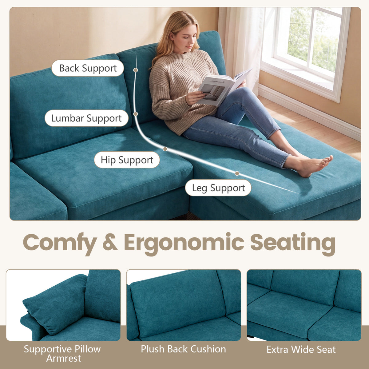 L-Shaped Sectional Sofa Convertible 4-Seater Modular Couch with 2 3-Hole Outlets and 4 USB Ports-Turquoise