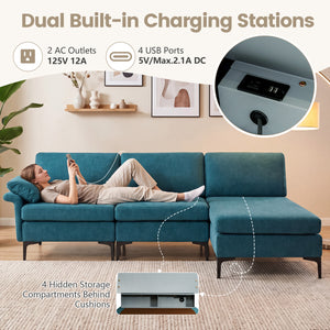 L-Shaped Sectional Sofa Convertible 4-Seater Modular Couch with 2 3-Hole Outlets and 4 USB Ports-Turquoise