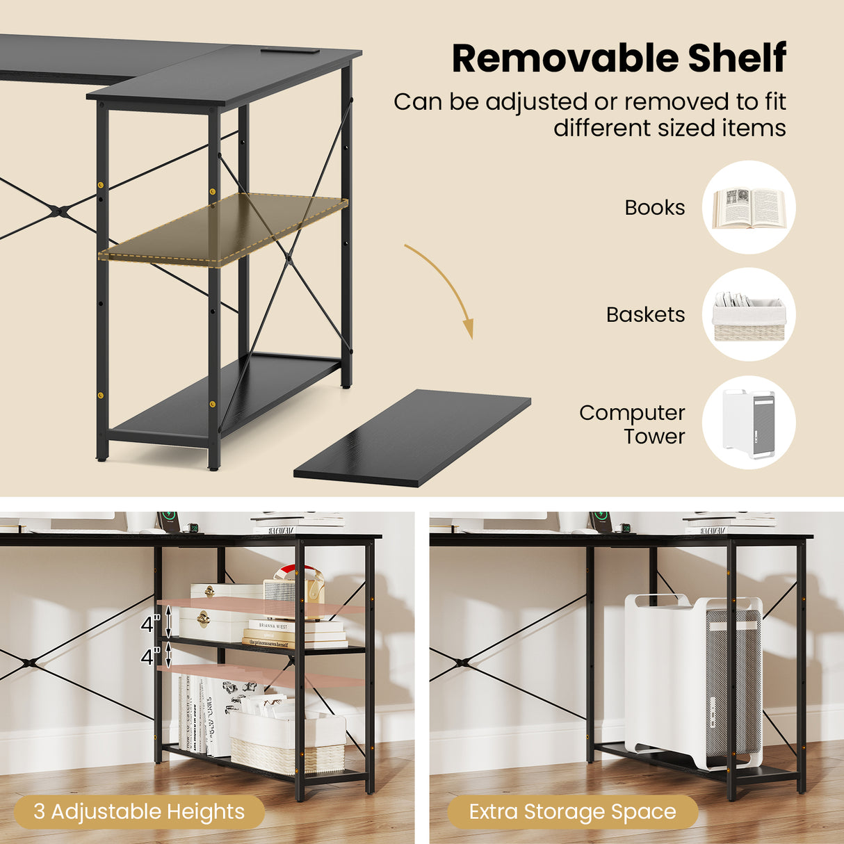 L-shaped 47 Inch Reversible Corner Desk with Adjustable Storage Shelves-Black