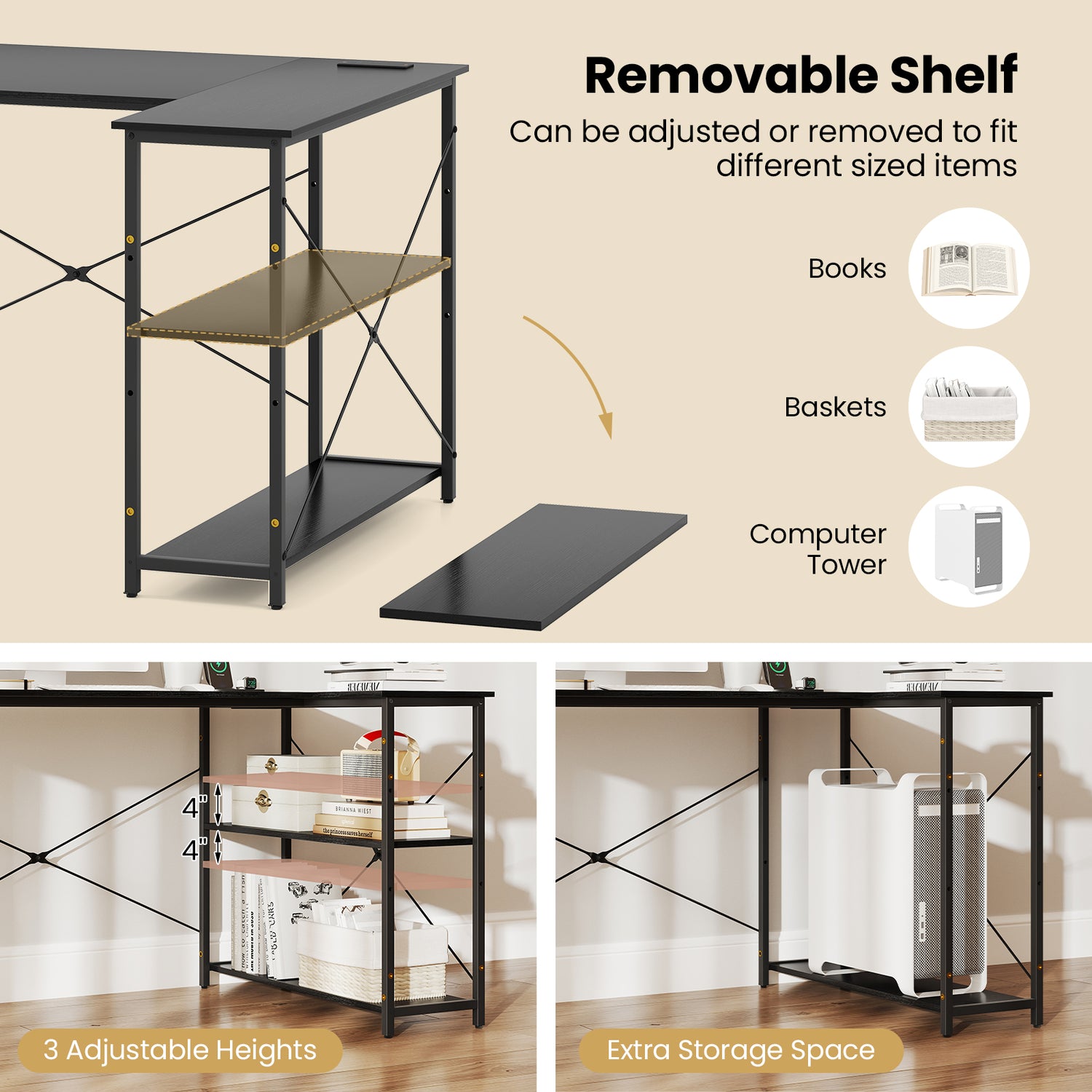 L-shaped 47 Inch Reversible Corner Desk with Adjustable Storage Shelves-Black