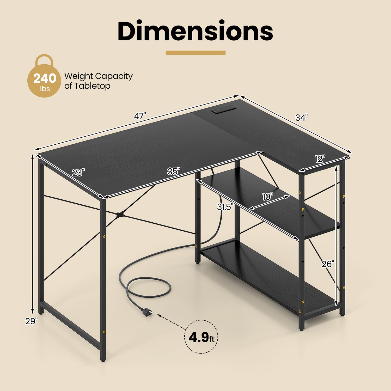 L-shaped 47 Inch Reversible Corner Desk with Adjustable Storage Shelves-Black