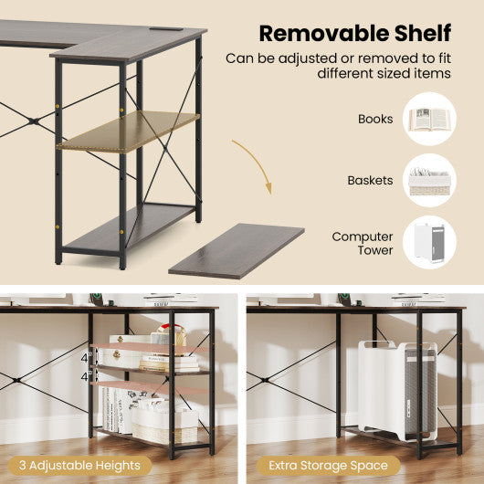 L-shaped 47 Inch Reversible Corner Desk with Adjustable Storage Shelves-Black