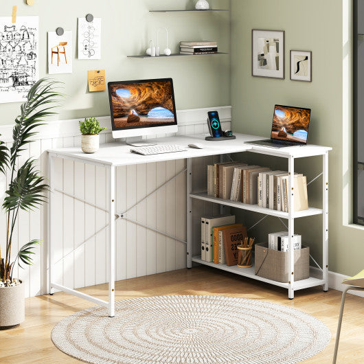 L-shaped 47 Inch Reversible Corner Desk with Adjustable Storage Shelves-White