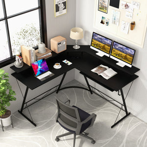 L-shaped Computer Desk with Power Outlet and Monitor Stand-Black