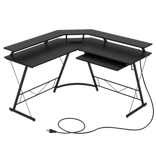 L-shaped Computer Desk with Power Outlet and Monitor Stand-Black