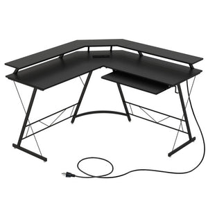 L-shaped Computer Desk with Power Outlet and Monitor Stand-Black