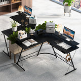 L-shaped Computer Desk with Power Outlet and Monitor Stand-Black