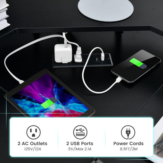 L-shaped Computer Desk with Power Outlet and Monitor Stand-Black