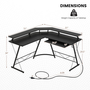 L-shaped Computer Desk with Power Outlet and Monitor Stand-Black