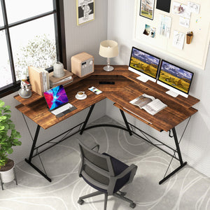 L-shaped Computer Desk with Power Outlet and Monitor Stand-Rustic Brown
