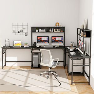 L-shaped Desk with Power Outlet Hutch-Black