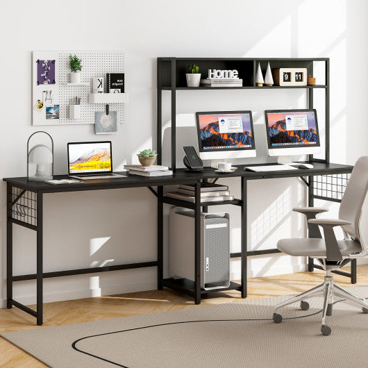 L-shaped Desk with Power Outlet Hutch-Black